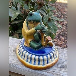 Vintage 70's Ceramic Frog Playing Saxophone Figurine